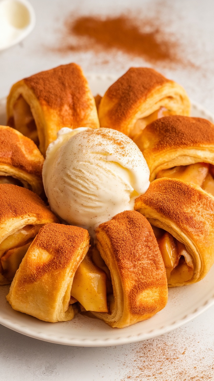 Crispy Air Fryer Apple Pie Roll Ups dusted with cinnamon sugar, served with vanilla ice cream.